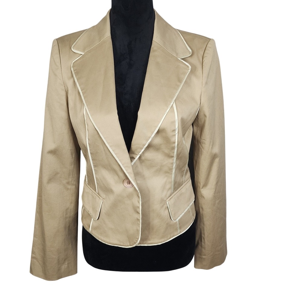 KENNETH COLE NY Size 4 Tan w/ Ivory Piping Detail Cotton Stretch Career Blazer